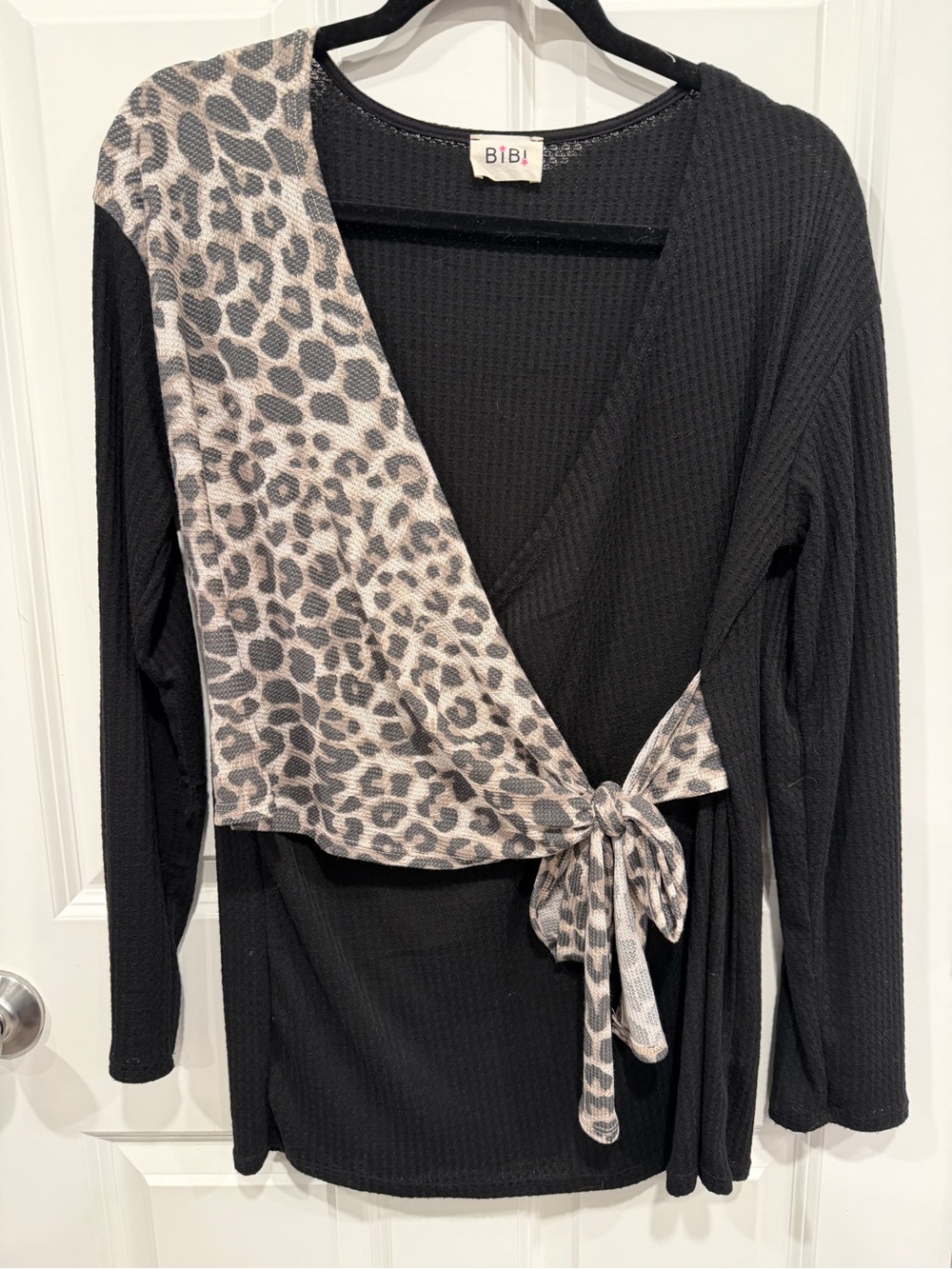 BiBi Black Wrap Top with Leopard Accent